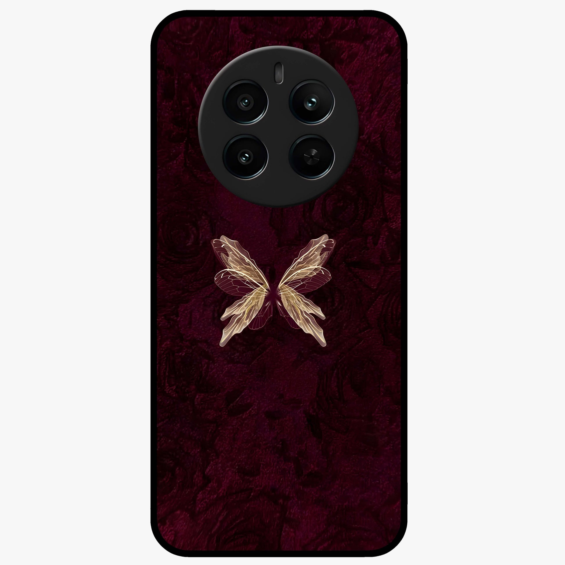 Crimson Fade Butterfly Glass Case showing flat back view with fading butterfly artwork and glossy glass finish.