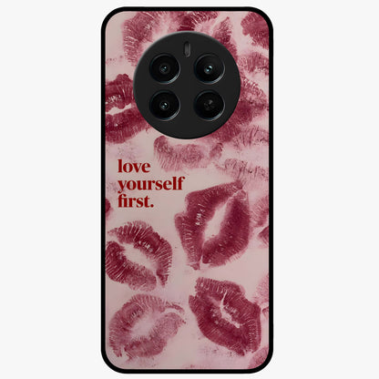 Crimson Kiss Love Glass Case showing flat back view with romantic crimson themed artwork and glossy glass finish.