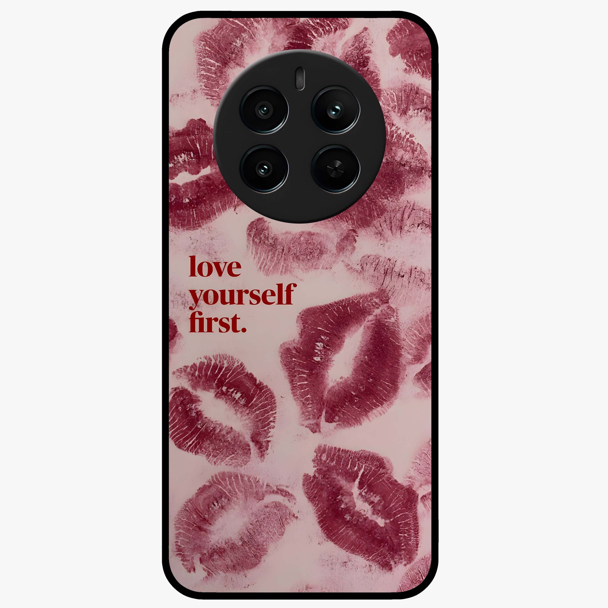 Crimson Kiss Love Glass Case showing flat back view with romantic crimson themed artwork and glossy glass finish.
