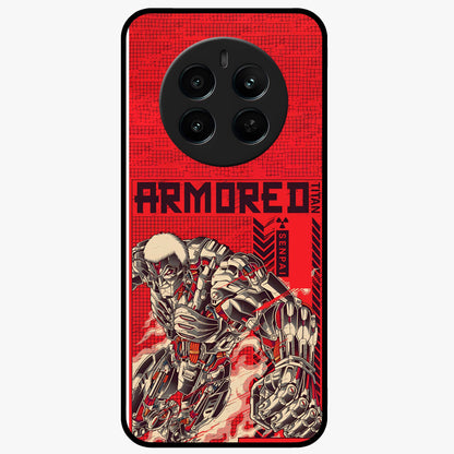 Crimson Mecha Titan Glass Case showing flat back view with powerful mech titan artwork and glossy glass finish.