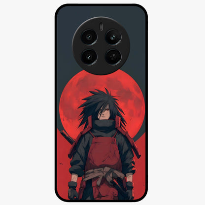 Crimson Moon Warlord Glass Case showing flat back view with mystical moon warrior artwork and glossy glass finish.