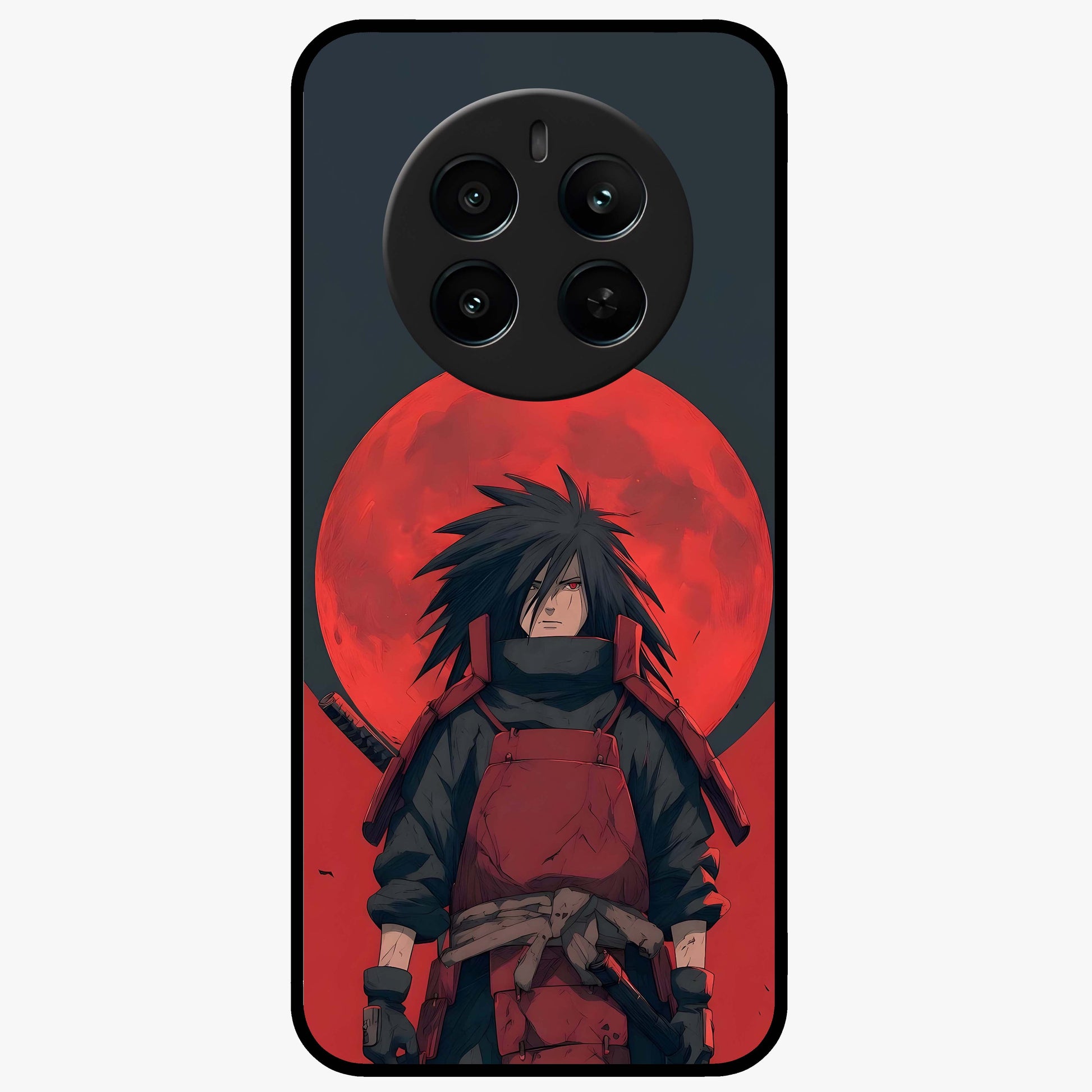 Crimson Moon Warlord Glass Case showing flat back view with mystical moon warrior artwork and glossy glass finish.