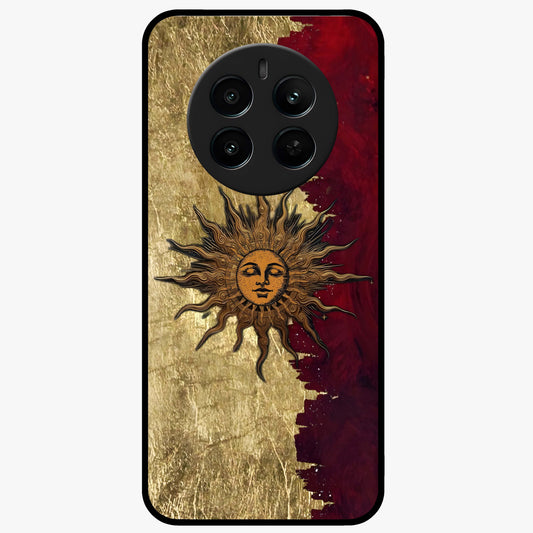 Crimson Sun Majesty Glass Case showing flat back view with radiant sun inspired artwork and glossy glass finish.