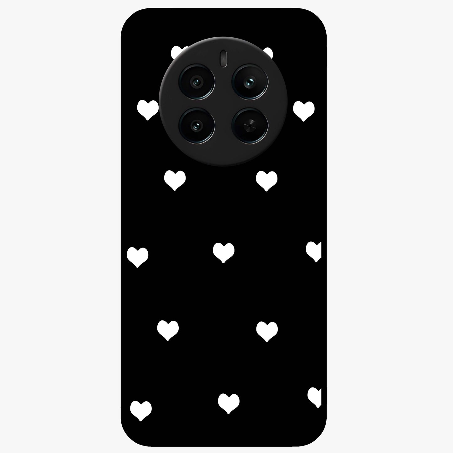 Cute And Simple White Hearts Glass Case showing flat back view with minimal white heart pattern and glossy glass finish.