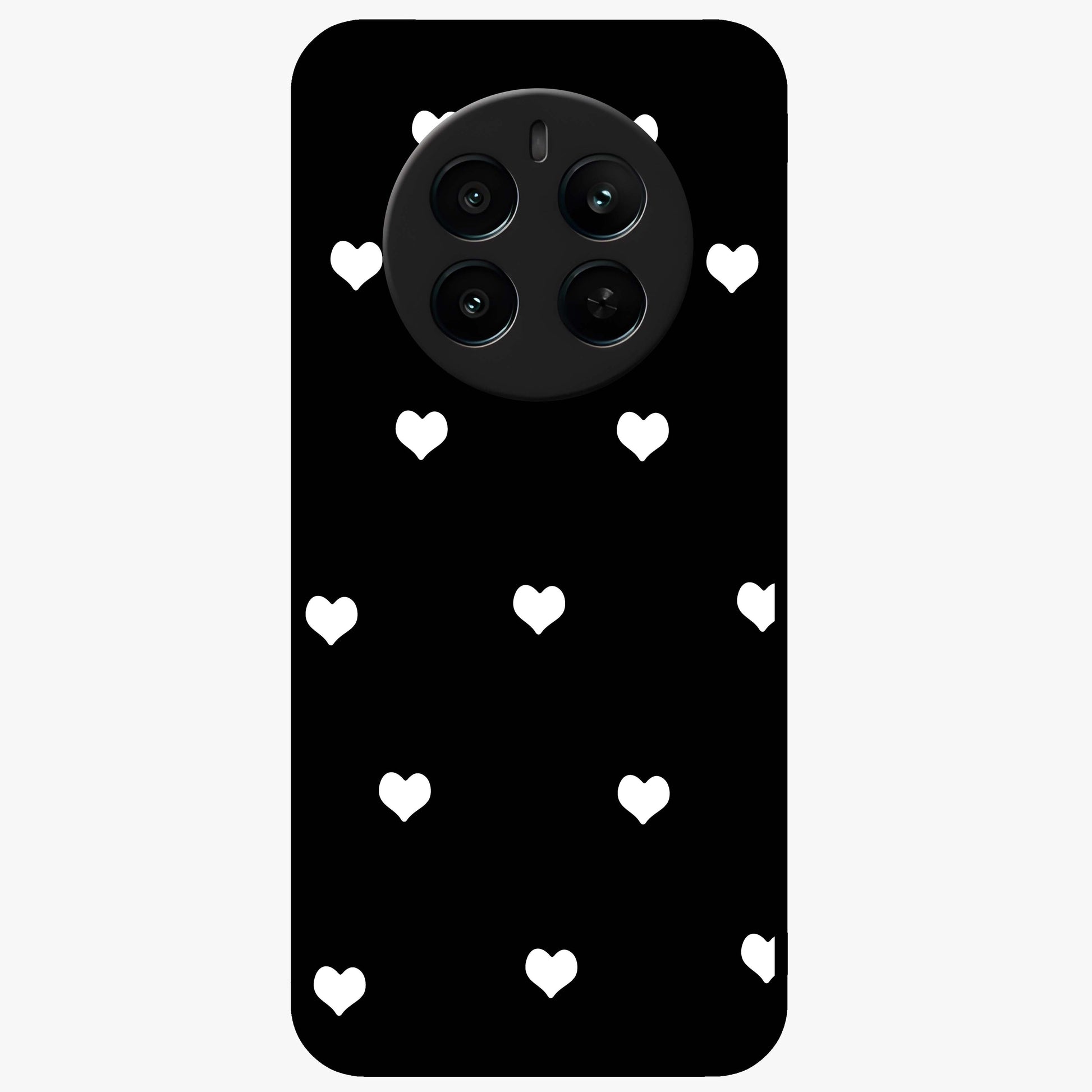 Cute And Simple White Hearts Glass Case showing flat back view with minimal white heart pattern and glossy glass finish.