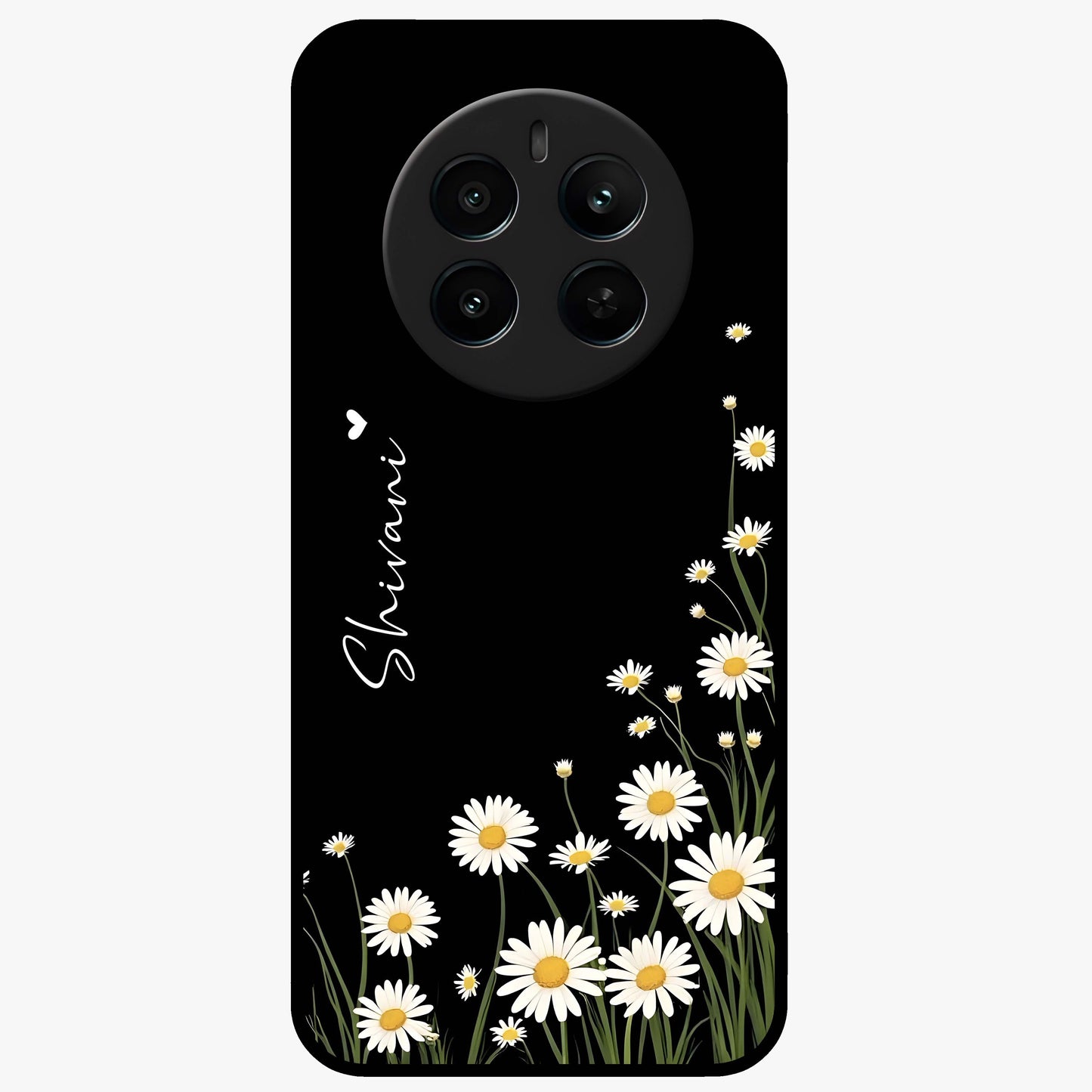 Daisy Cascade Custom Name Glass Case showing flat back view with cascading daisy flowers and personalized name design.