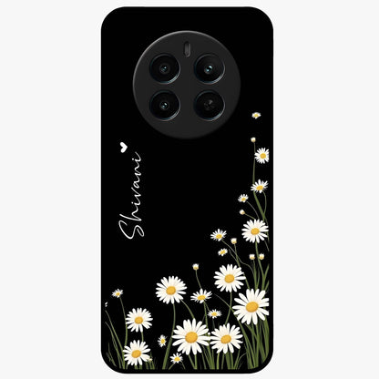 Daisy Cascade Custom Name Glass Case showing flat back view with cascading daisy flowers and personalized name design.