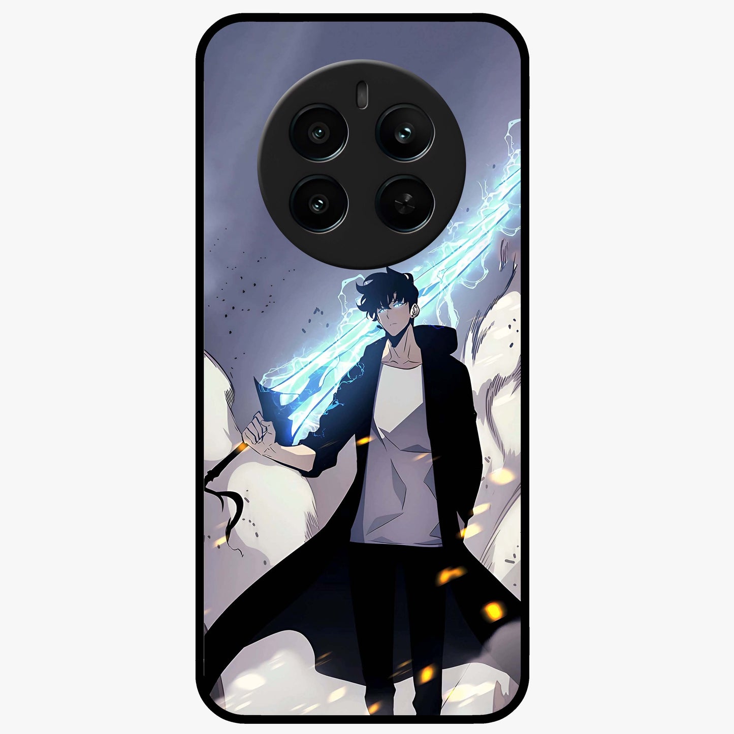 Dark Lightning Anime Warrior Glass Case showing flat back view with intense anime warrior artwork and glossy glass finish.