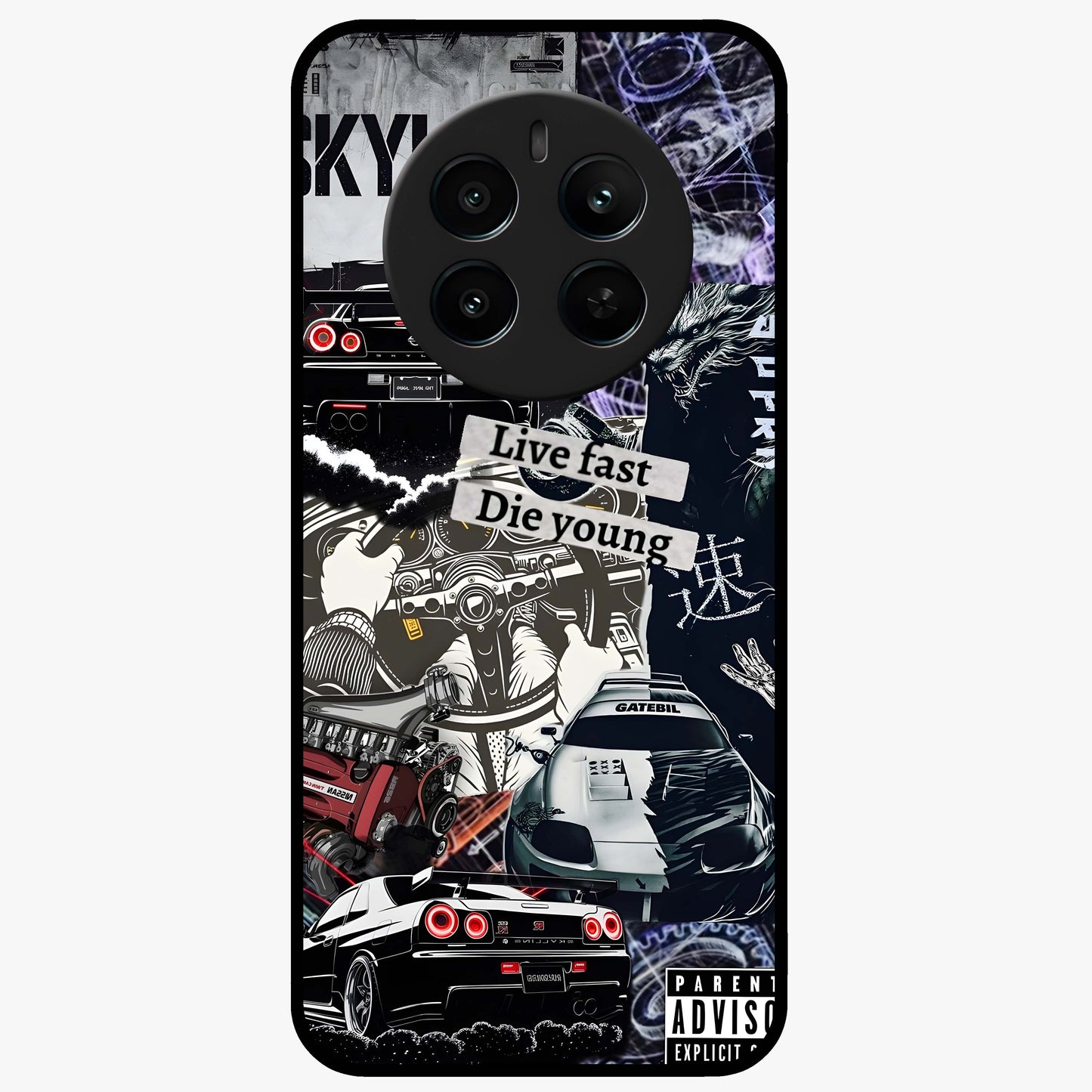 Die Young Glass Case showing flat back view with bold artistic typography design and glossy glass finish.