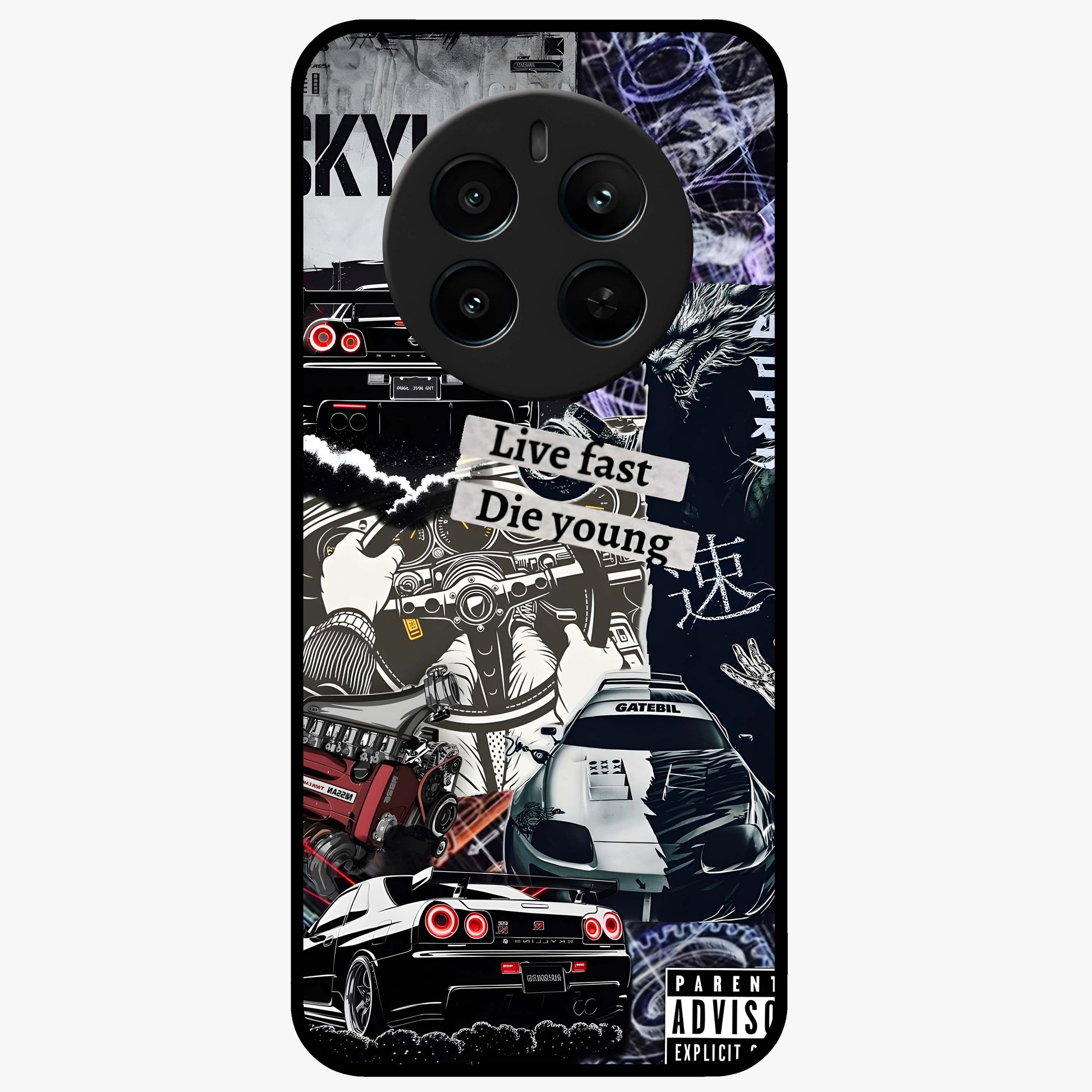 Die Young Glass Case showing flat back view with bold artistic typography design and glossy glass finish.