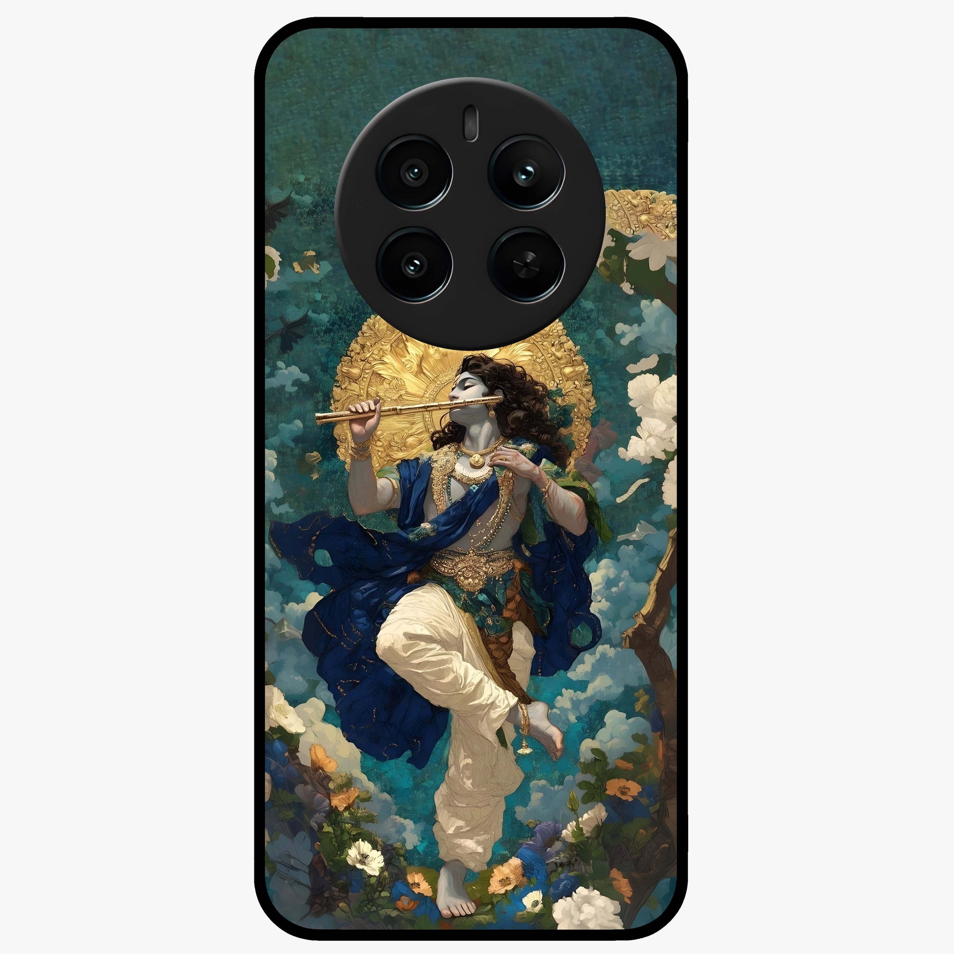 Divine Krishna Art Glass Case showing flat back view with Lord Krishna artwork and glossy glass finish.