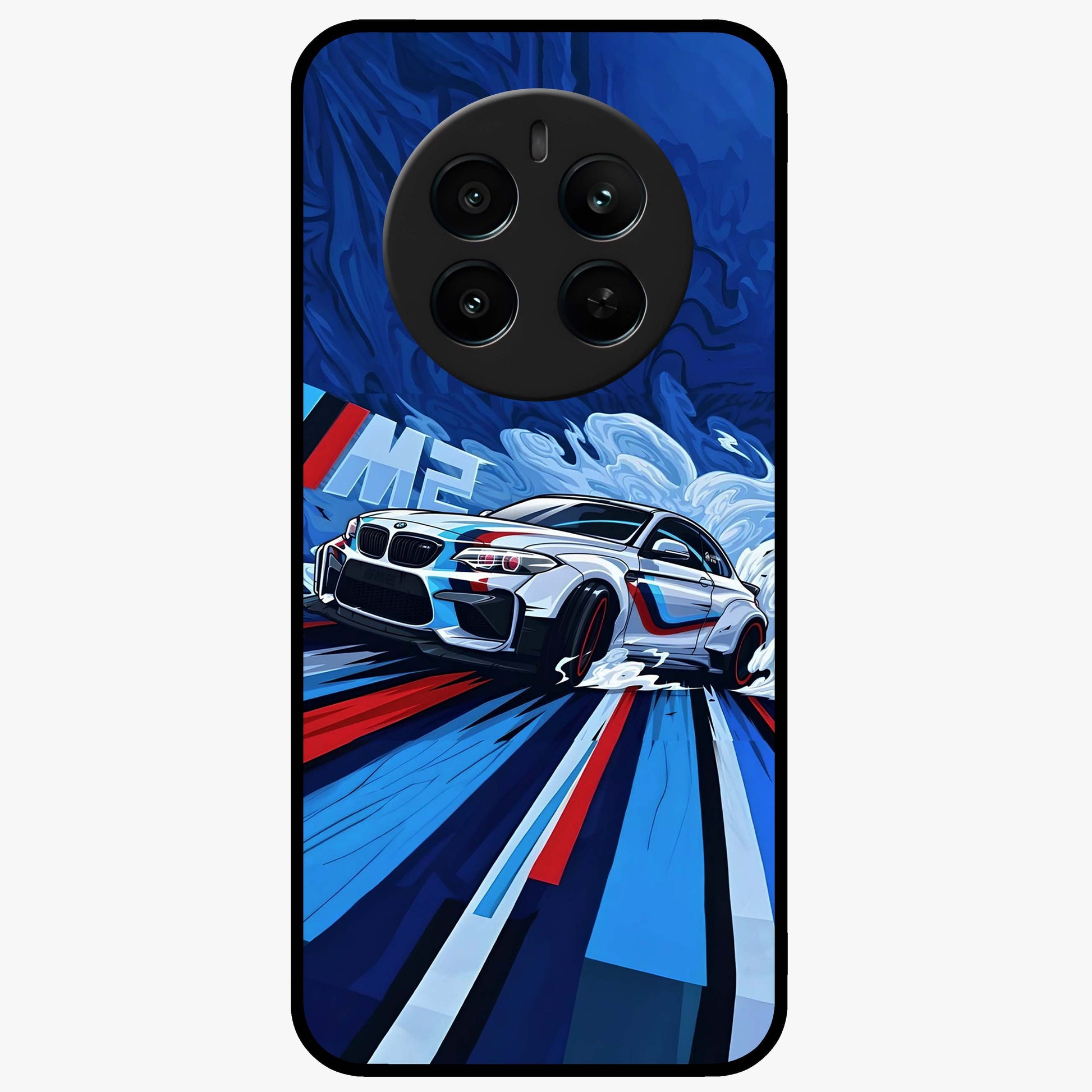 Drift Power Rush Glass Case showing flat back view with dynamic racing inspired artwork and glossy glass finish.
