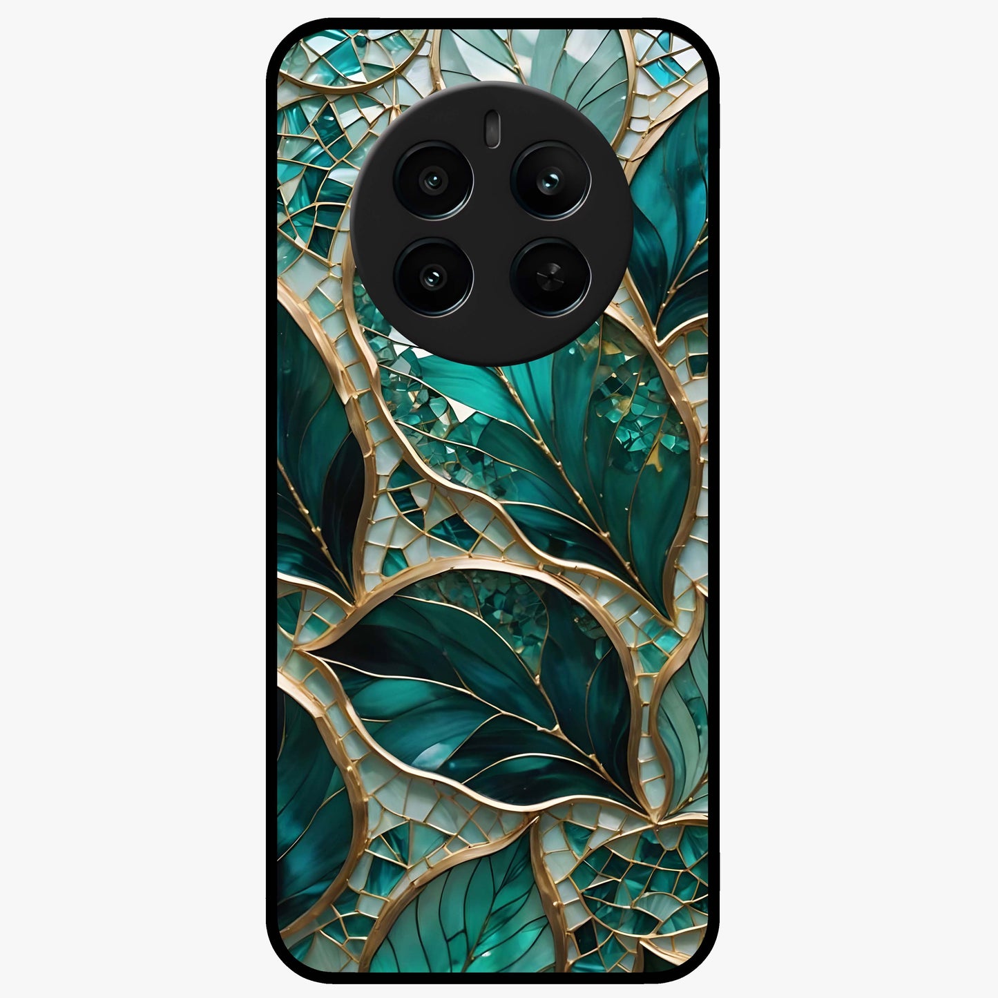 Emerald Leaf Glass Glass Case showing flat back view with emerald green leaf artwork and glossy glass finish.