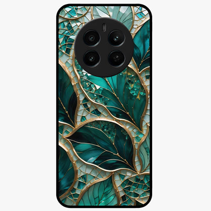 Emerald Leaf Glass Glass Case showing flat back view with emerald green leaf artwork and glossy glass finish.