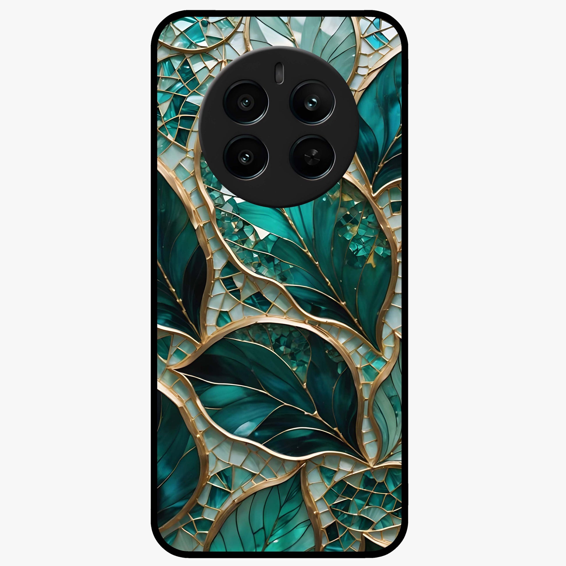 Emerald Leaf Glass Glass Case showing flat back view with emerald green leaf artwork and glossy glass finish.