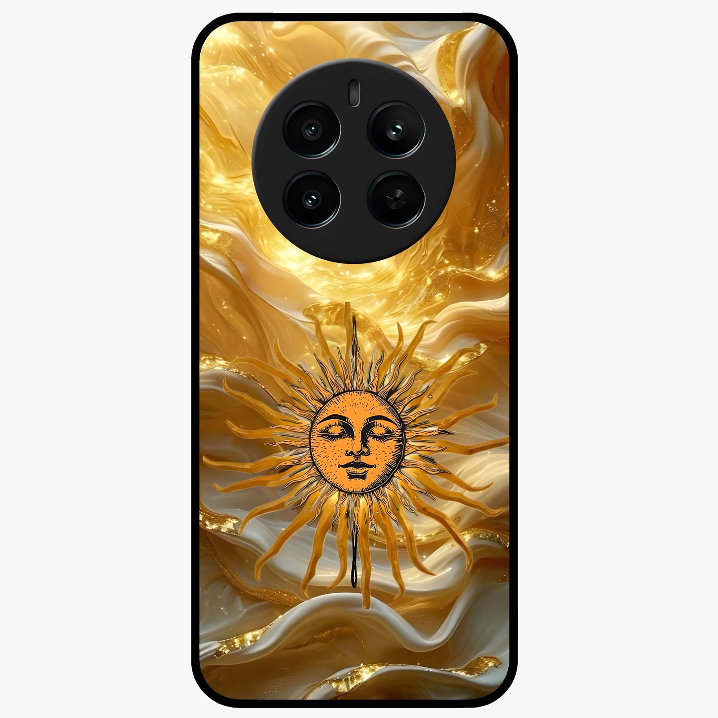 Eternal Golden Glow Glass Case showing flat back view with radiant golden themed artwork and glossy glass finish.