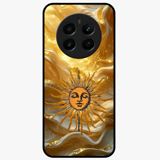 Eternal Golden Glow Glass Case showing flat back view with radiant golden themed artwork and glossy glass finish.