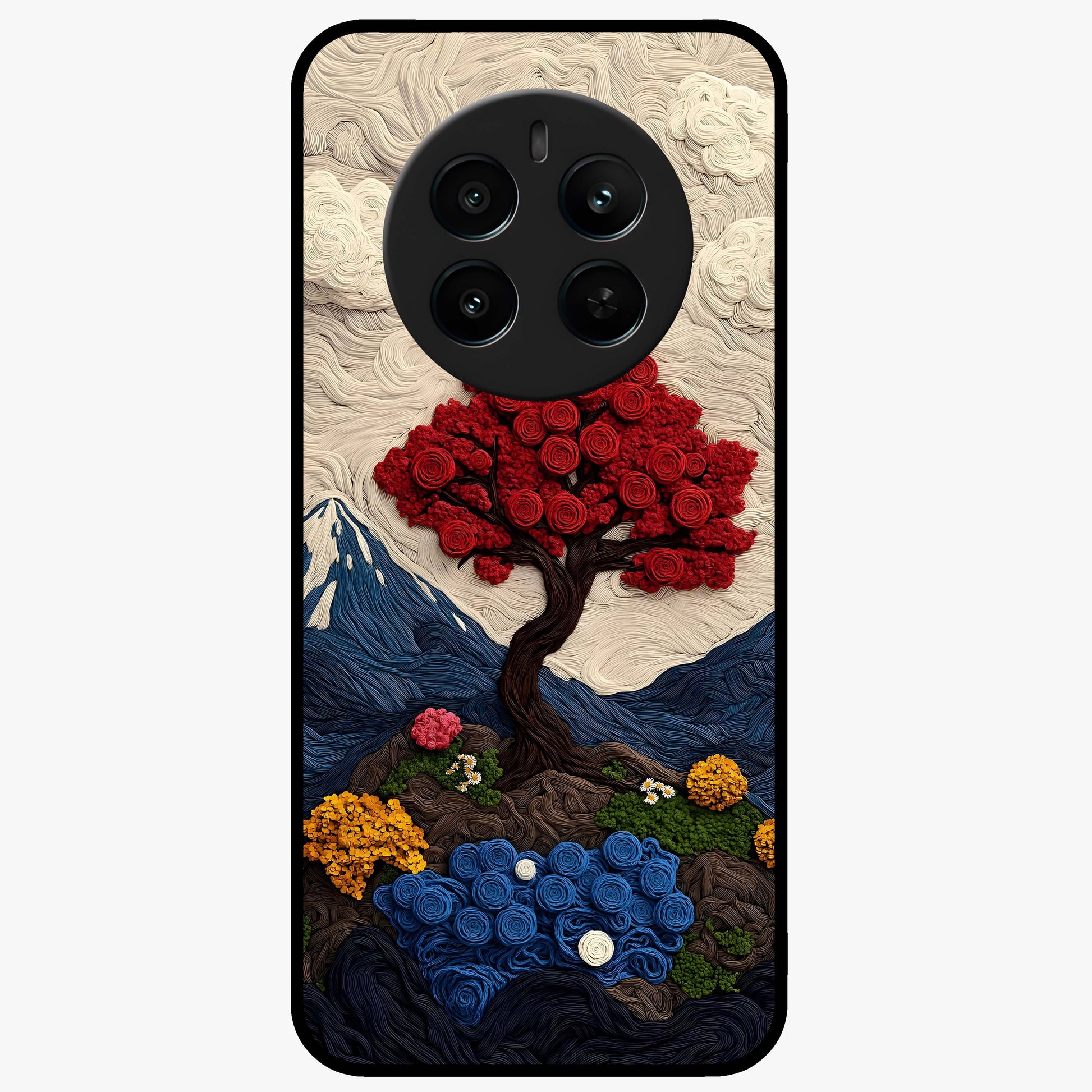 Eternal Nature Tapestry Glass Case showing flat back view with intricate nature tapestry artwork and glossy glass finish.