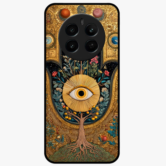 Ethereal Evil Eye Glass Case showing flat back view with mystical evil eye artwork and glossy glass finish.