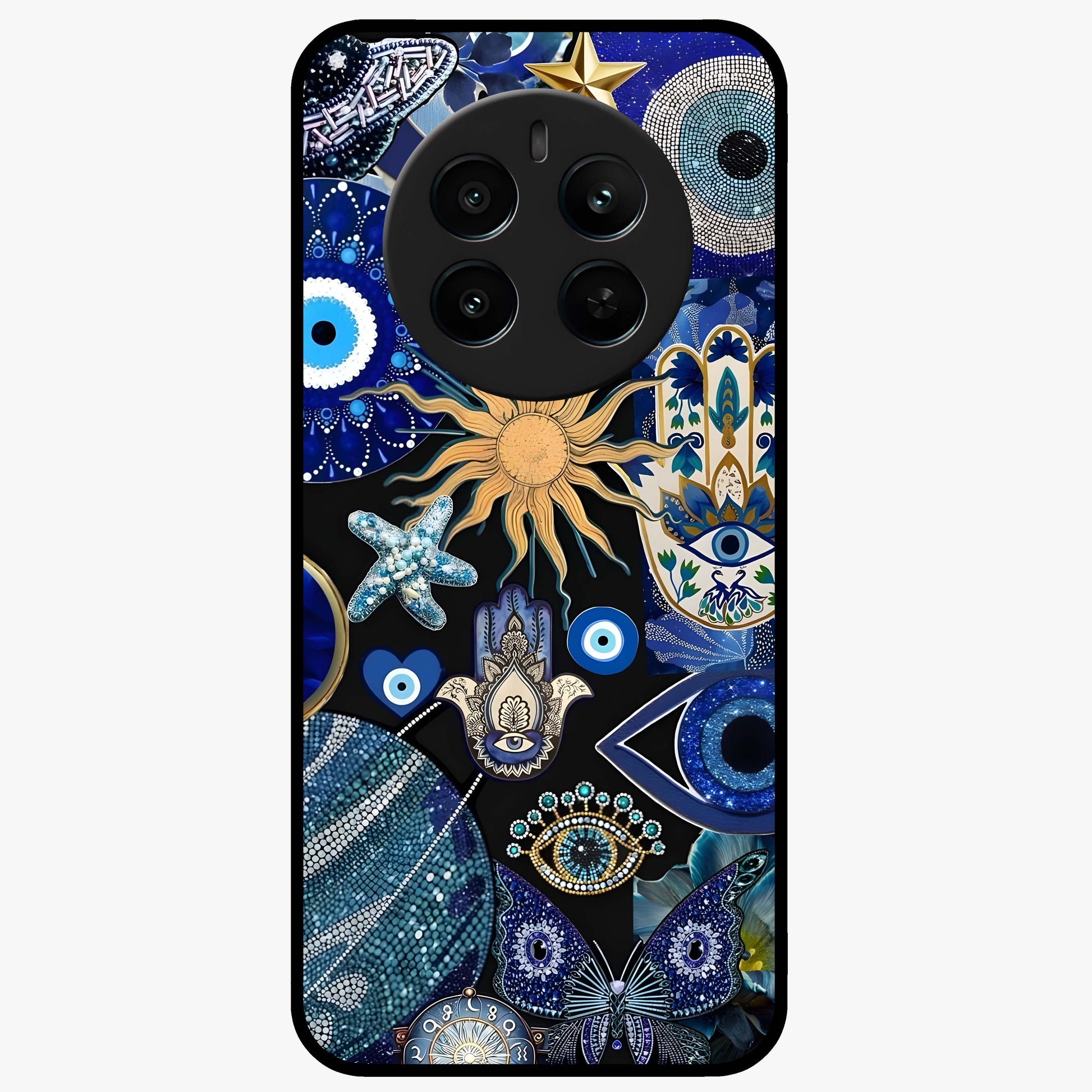 Evil Eye Charm Mix Glass Case showing flat back view with multiple evil eye charms artwork and glossy glass finish.