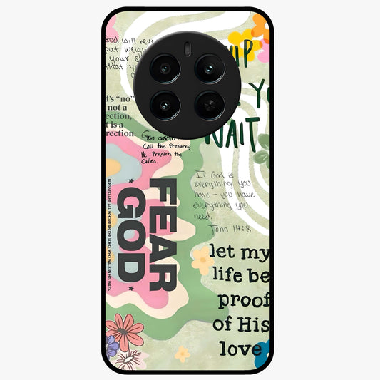 Faith Over Fear Glass Case showing flat back view with motivational typography artwork and glossy glass finish.