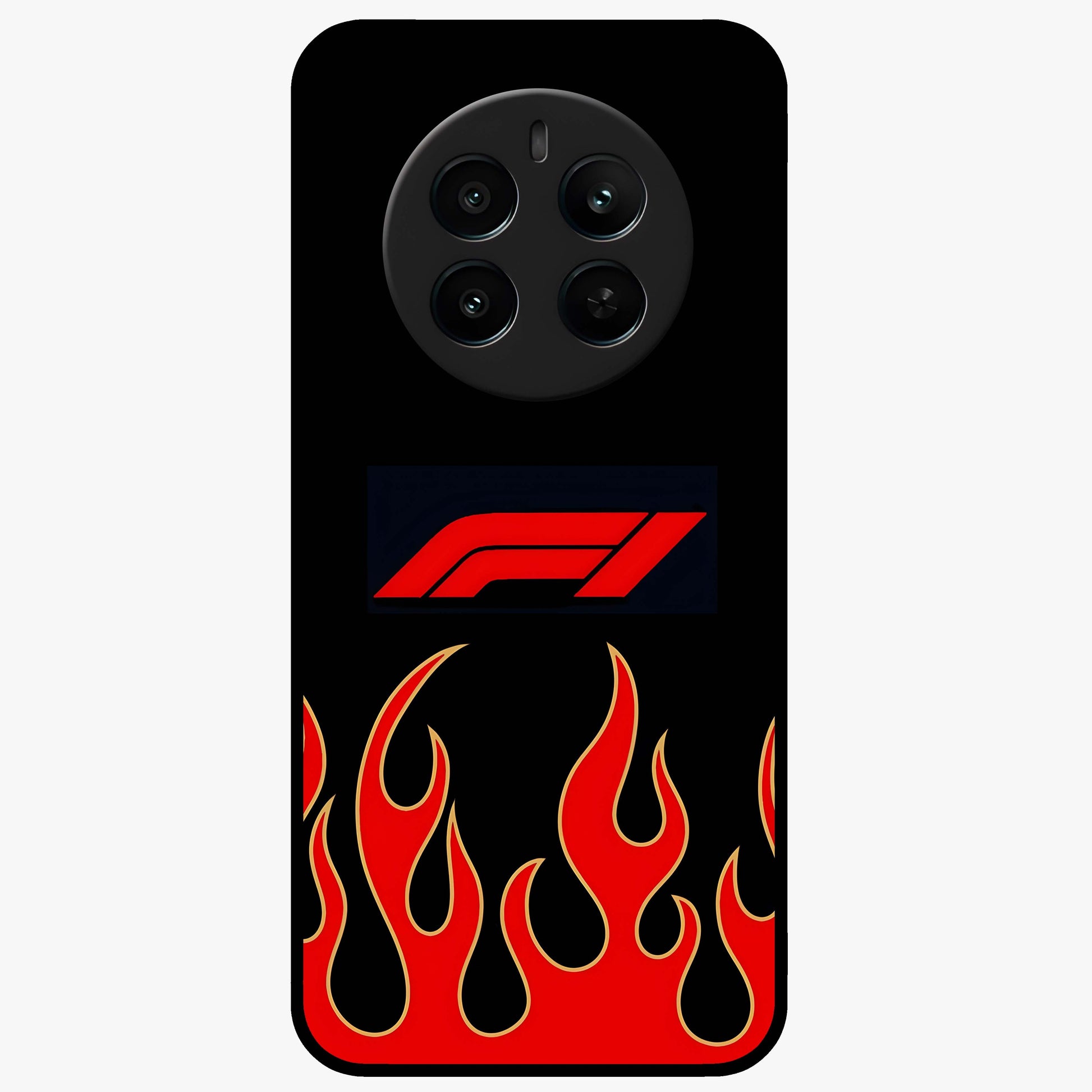 Fire F11 Glass Case showing flat back view with fiery themed artwork and glossy glass finish.