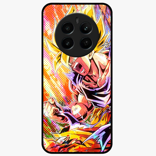 Firing Goku Glass Case showing flat back view with powerful anime inspired artwork and glossy glass finish.