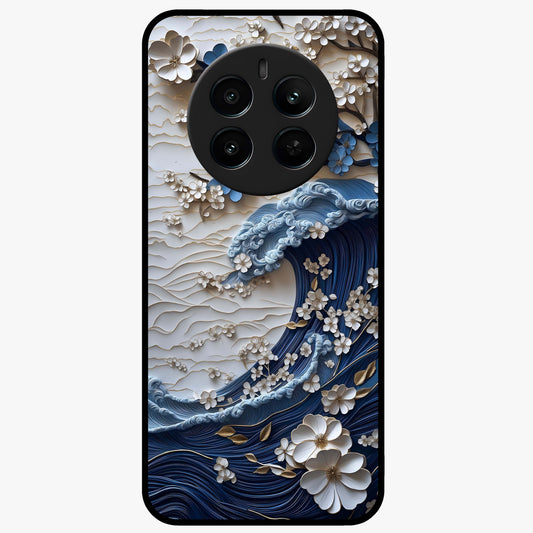 Floral Wave Origami Glass Case showing flat back view with origami inspired floral wave artwork and glossy glass finish.