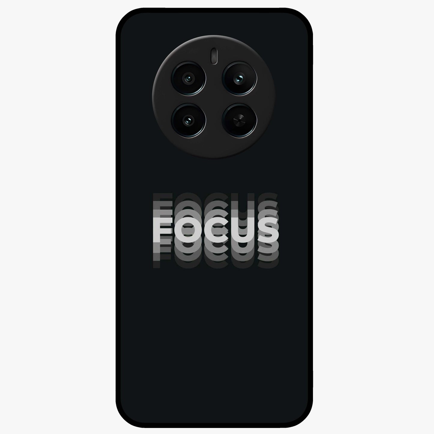 Focus Mode On Glass Case showing flat back view with bold motivational typography design and glossy glass finish.