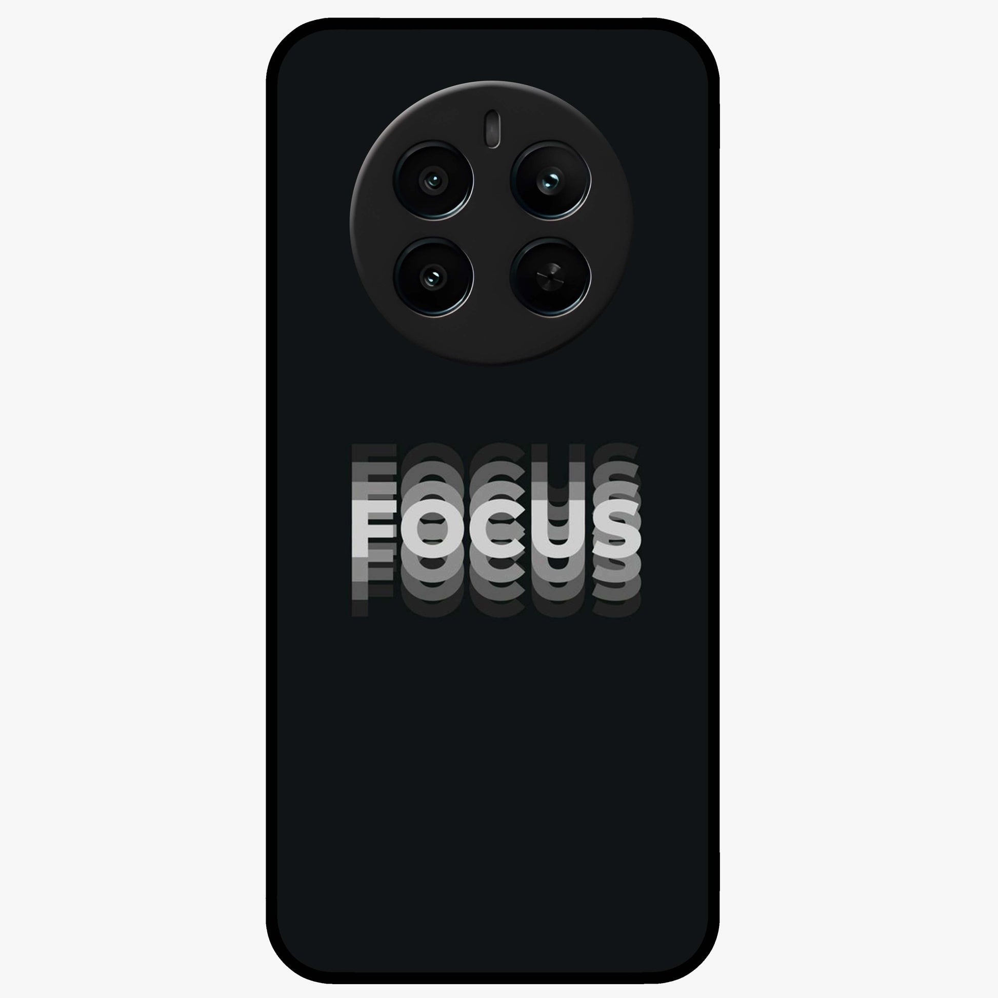 Focus Mode On Glass Case showing flat back view with bold motivational typography design and glossy glass finish.