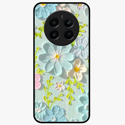 Frosted Petal Garden Glass Case showing flat back view with soft frosted floral artwork and glossy glass finish.