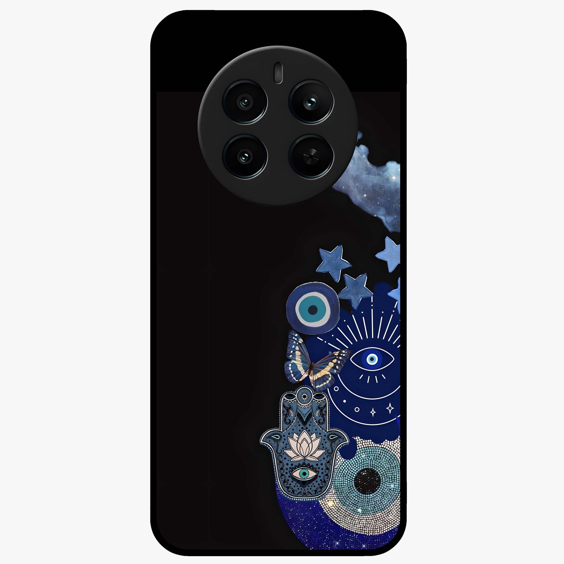 Galactic Charm Cluster Glass Case showing flat back view with glowing celestial charm artwork and glossy glass finish.