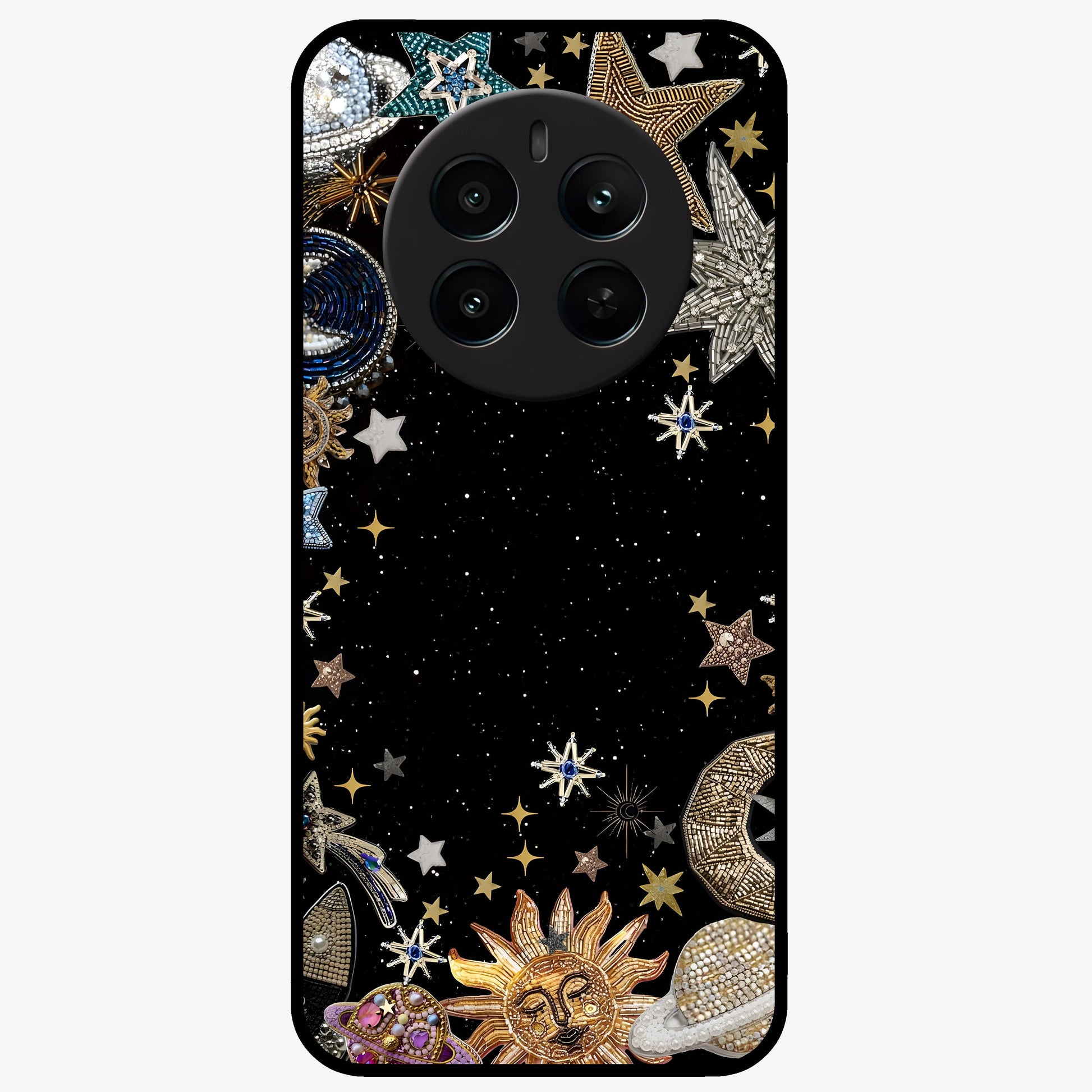Galactic Jewel Stars Glass Case showing flat back view with sparkling star jewel artwork and glossy glass finish.