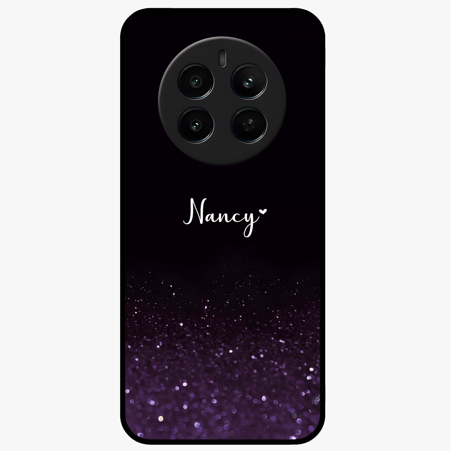 Glittery Purple Bokeh Custom Name Glass Case showing flat back view with purple bokeh sparkle artwork and personalized name design.
