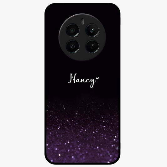 Glittery Purple Bokeh Custom Name Glass Case showing flat back view with purple bokeh sparkle artwork and personalized name design.