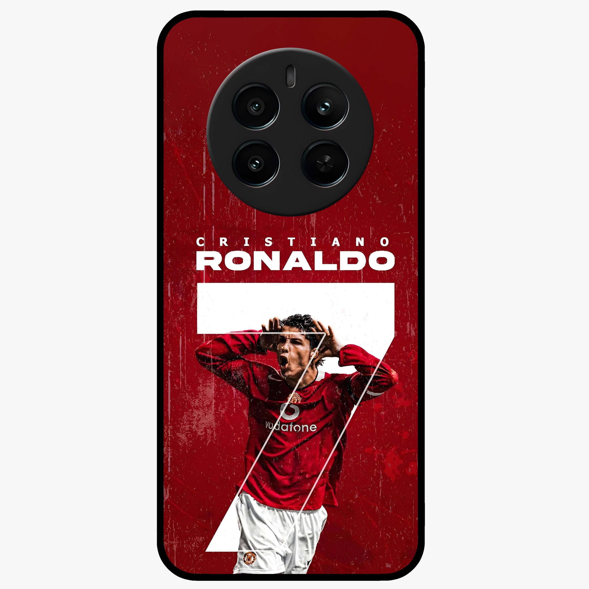Goal Celebration Legacy Glass Case showing flat back view with football celebration inspired artwork and glossy glass finish.