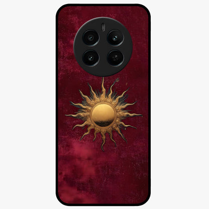 Gold Sun Blush Glass Case showing flat back view with golden sun inspired artwork and glossy glass finish.