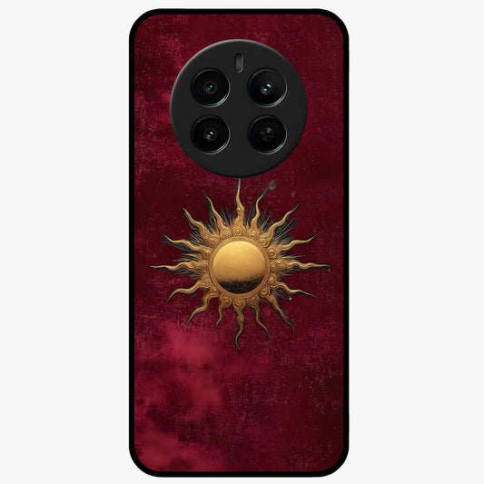 Gold Sun Blush Glass Case showing flat back view with golden sun inspired artwork and glossy glass finish.