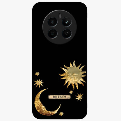 Golden Celestial Charm Glass Case showing flat back view with golden celestial charm artwork and glossy glass finish.