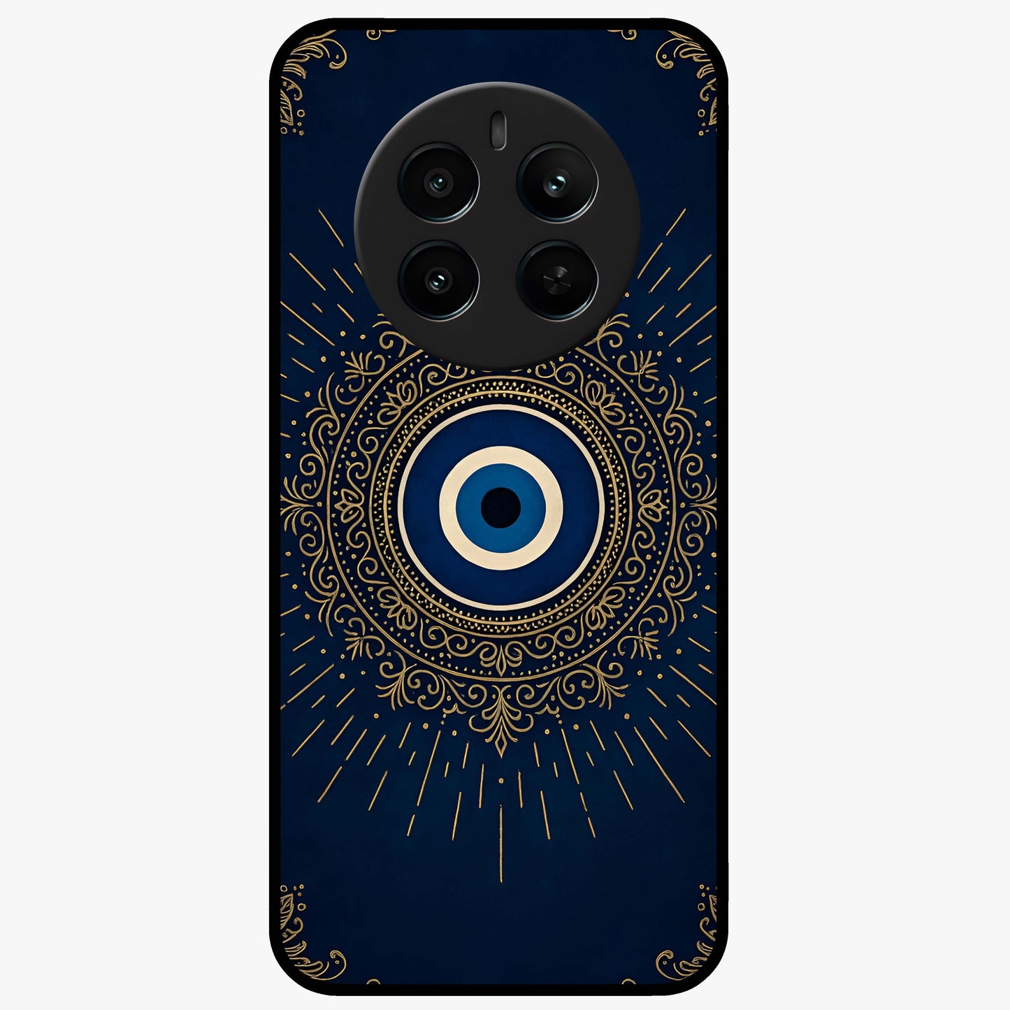 Golden Evil Eye Mandala Glass Case showing flat back view with intricate evil eye mandala artwork and glossy glass finish.