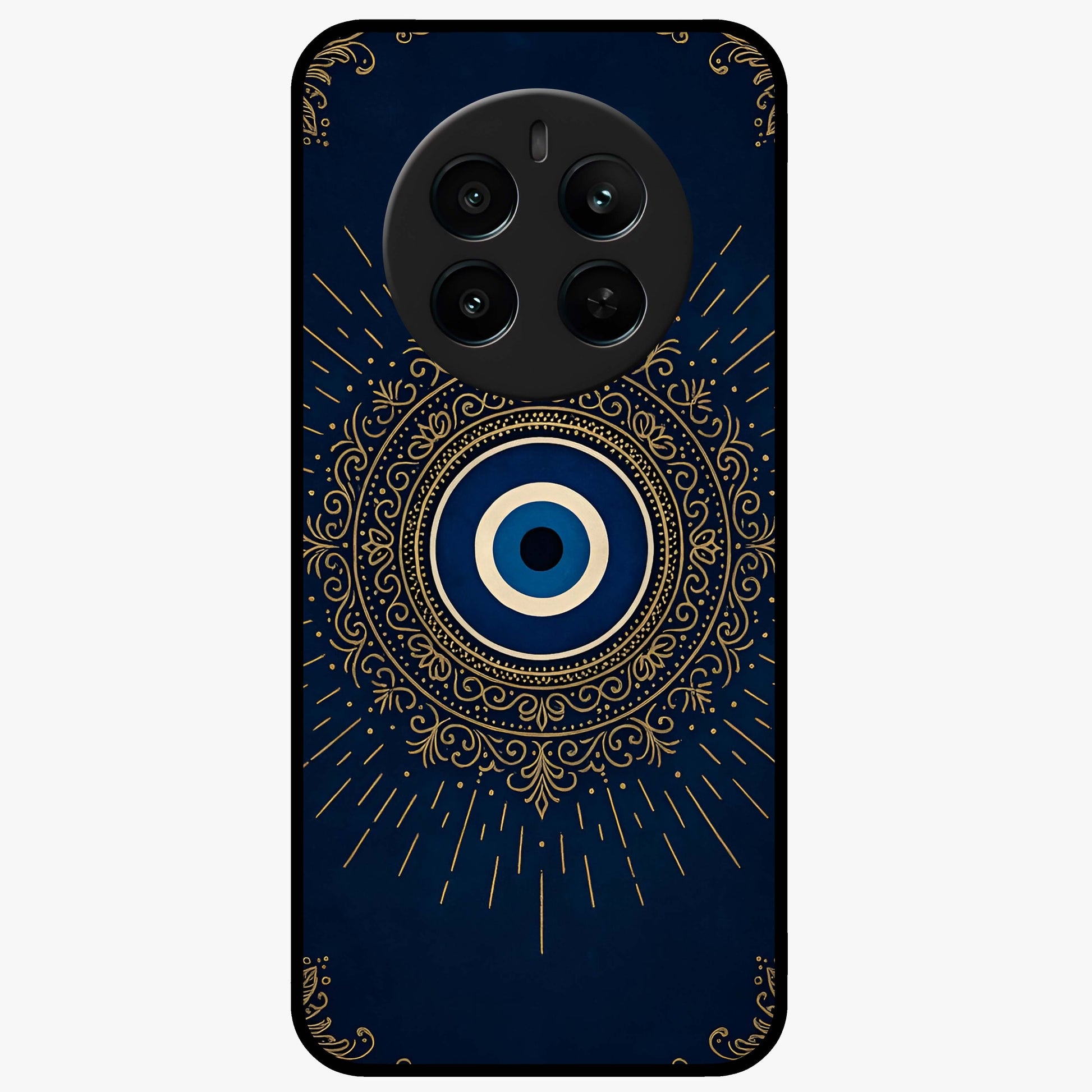 Golden Evil Eye Mandala Glass Case showing flat back view with intricate evil eye mandala artwork and glossy glass finish.