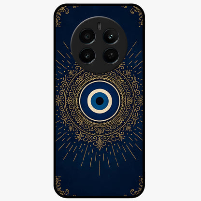 Golden Evil Eye Mandala Glass Case showing flat back view with intricate evil eye mandala artwork and glossy glass finish.