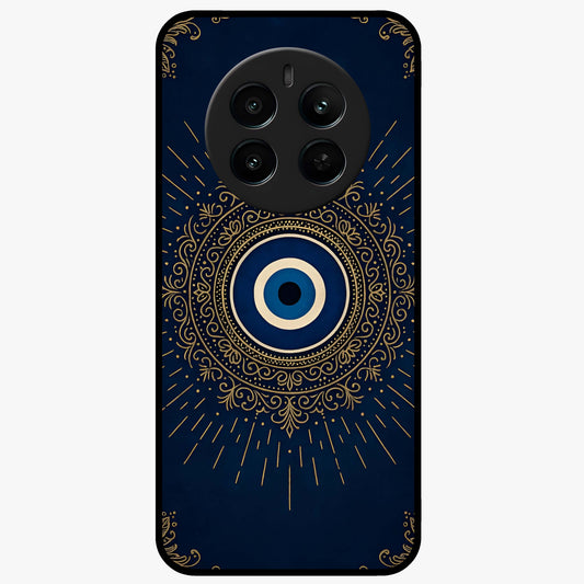 Golden Evil Eye Mandala Glass Case showing flat back view with intricate evil eye mandala artwork and glossy glass finish.