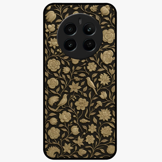 Golden Floral Majesty Glass Case showing flat back view with luxurious golden floral artwork and glossy glass finish.