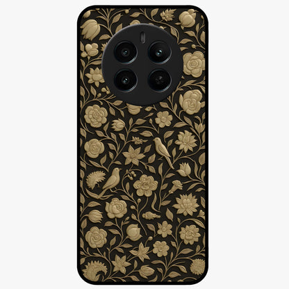 Golden Floral Majesty Glass Case showing flat back view with luxurious golden floral artwork and glossy glass finish.