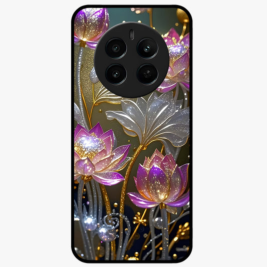 Golden Lotus Glow Glass Case showing flat back view with glowing lotus flower artwork and glossy glass finish.
