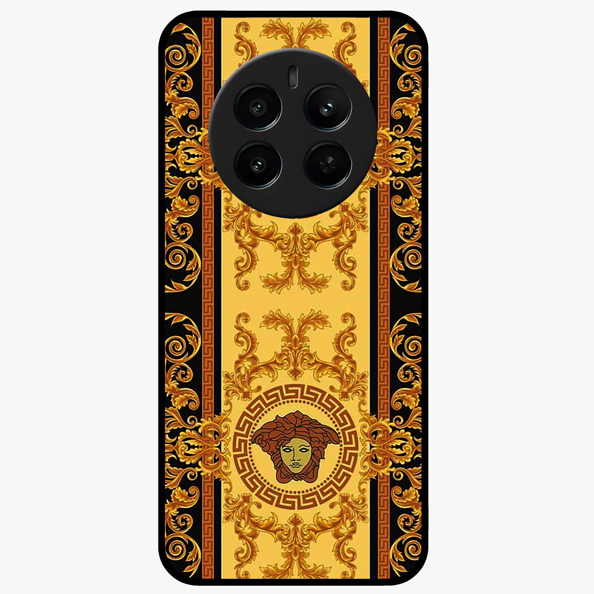 Golden Royal Heritage Glass Case showing flat back view with ornate royal pattern artwork and glossy glass finish.
