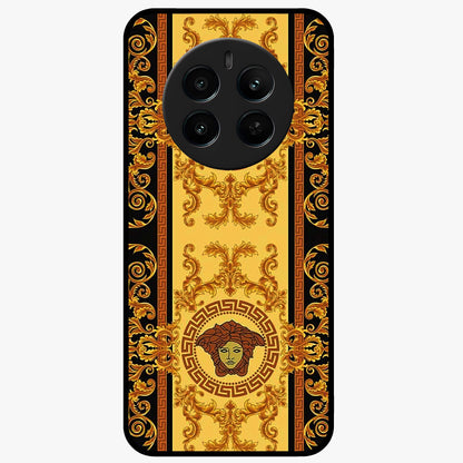 Golden Royal Heritage Glass Case showing flat back view with ornate royal pattern artwork and glossy glass finish.
