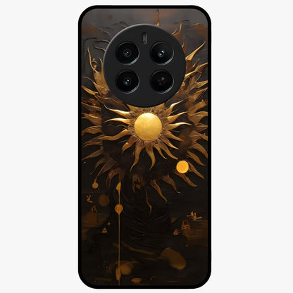 Golden Sun Majesty Glass Case showing flat back view with radiant golden sun artwork and glossy glass finish.