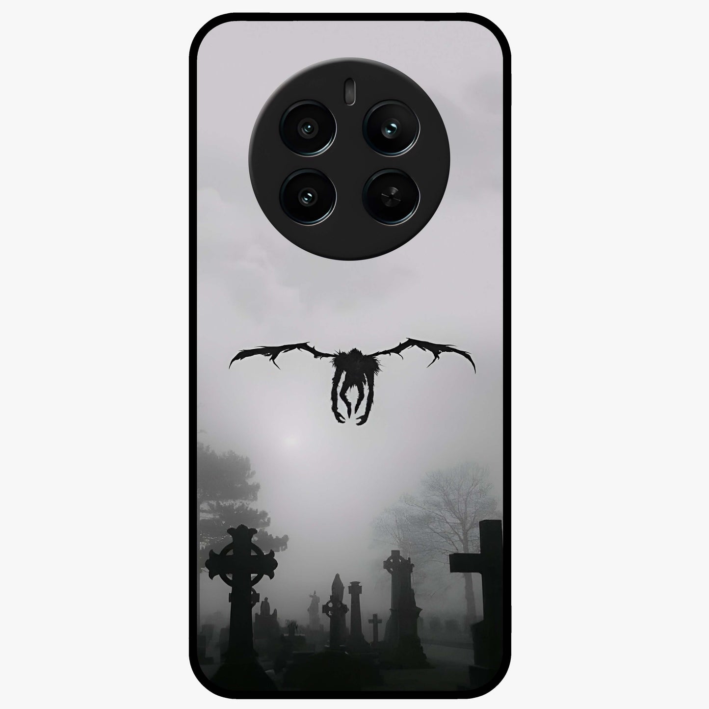 Graveyard Shadow Descent Glass Case showing flat back view with dark graveyard themed artwork and glossy glass finish.